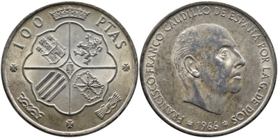 Испания 100 песет 1966 (68) Франсиско Франко (1939-1975) KM 797 серебро 1515-1233