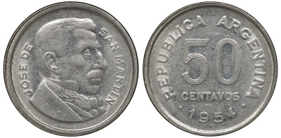 Аргентина 50 сентаво 1954 генерал Хосе де Сан Мартин KM 49 сталь плакированная никелем 4163-455