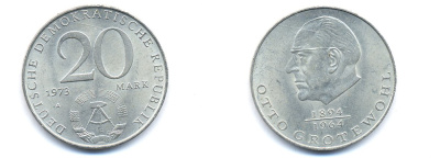 ГДР 20 марок 1973 А, Отто Гротеволь (1894-1964) KM 47 медно-никель 3333-434