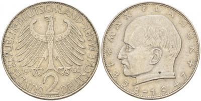ФРГ 2 марки 1958 J, Макс Планк KM 116, J. 392 медно-никель плакированный никелем 3718-1035