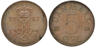 ДАНИЯ 5 ЭРЕ 1987 R; B, МАРГРЕТЕ II (1972-) KM 859.3 железо плакированное медью 72-1628