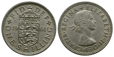 Великобритания 1 шиллинг 1961 Елизавета II (1952-2022), Английский герб KM 904, Spink 4147 медно-никель 4384-436