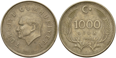 Турция 1000 лир 1990 Кемаль Ататюрк KM 997 медь цинк никель 4156-832
