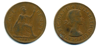 Великобритания 1 пенни 1963 Елизавета II (1952-2022) KM 897, Spink 4157 бронза 57-934