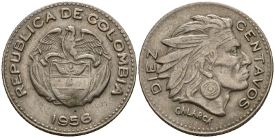 Колумбия 10 сентаво 1956 В, индеец Каларка KM 212 медно-никель 4189-725