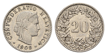 Швейцария 20 раппенов 1909 KM 29 никель 4685-264