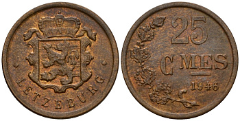 Люксембург 25 сантимов 1946 Шарлотта (1918-1964) KM 45 бронза 4115-433