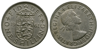 Великобритания 1 шиллинг 1961 Елизавета II (1952-2022), Английский герб KM 904, Spink 4147 медно-никель 4384-427
