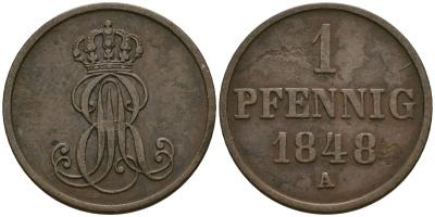 Ганновер 1 пфенниг 1848 A, Эрнст Август (1837-1851) KM 201.2, AKS 130, J. 74 медь 4608-1024