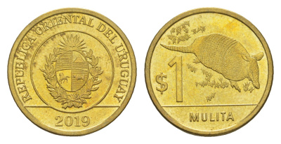 Уругвай 1 песо 2019 KM 135 сталь плакированная латунью UNC 4613-458