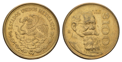 Мексика 100 песо 1989 KM 493 алюминиевая бронза UNC 217-442