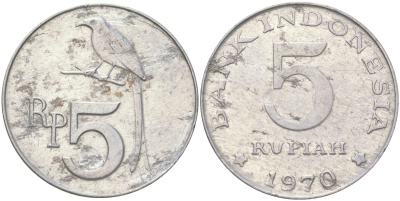Индонезия 5 рупий 1970 черный дронго KM 22 алюминий 4143-1151