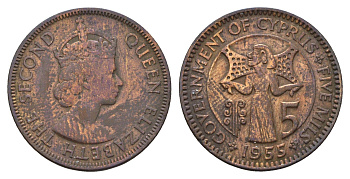 Кипр 5 милей 1955 Елизавета II (1952-2022) KM 34 бронза 4546-221