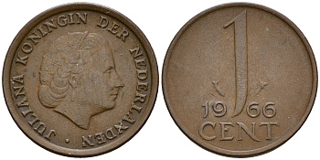 Нидерланды 1 цент 1966 Юлиана (1949-1980) small data KM 180 бронза    4598-247
