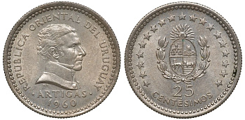 Уругвай 25 сентесимо 1960 KM 40 медно-никель 4169-764