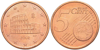 ИТАЛИЯ 5 ЕВРОЦЕНТОВ 2002 R KM 212 сталь плакированная медью UNC 26-947