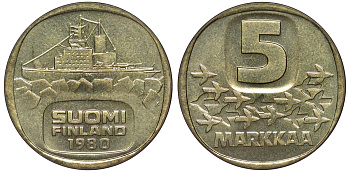 ФИНЛЯНДИЯ 5 МАРОК 1980 K, КОРАБЛЬ KM 57 алюминиевая бронза UNC 3334-334