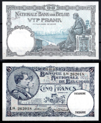 Бельгия 5 франков 1931 Pick 97 b бумага 8613-15-1-2