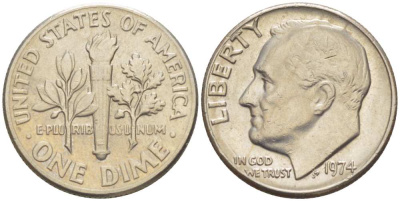 США 10 центов (дайм) 1974 Франклин Рузвельт KM 195а медь плакированная медно-никелем 211-1265