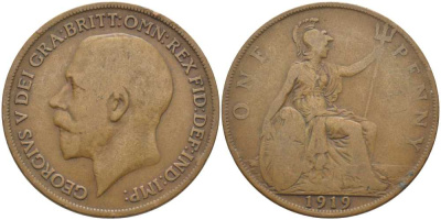 Великобритания 1 пенни 1919 Георг V (1910-1936) KM 810, Spink 4051 бронза 115-134
