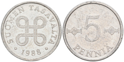 ФИНЛЯНДИЯ 5 ПЕННИ 1988 KM 45а алюминий 192-1233