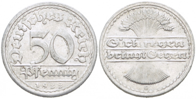 ГЕРМАНИЯ 50 ПФЕННИГОВ 1922 G KM 27, J. 301, Weege 10 алюминий 77-627