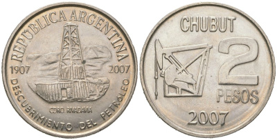 Аргентина 2 песо 2007 100 лет нахождению нефти в Аргентине KM 145 медно-никель UNC 4157-743