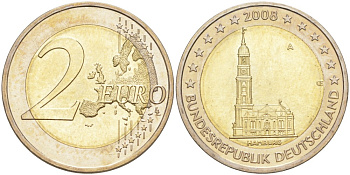 ФРГ 2 евро 2008 A, серия федеральные земли, церковь Св. Михаила в Гамбурге KM 261 биметалл UNC 4111-745