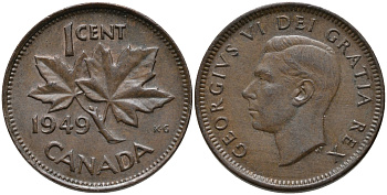 Канада 1 цент 1949 Георг VI (1937-1952), кленовый лист KM 41 бронза 220-759