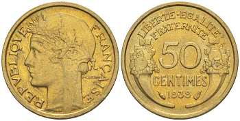 ФРАНЦИЯ 50 САНТИМОВ 1939 ТИП MORLON KM 894.1, LE FRANC 192.15 алюминиевая бронза 44-845
