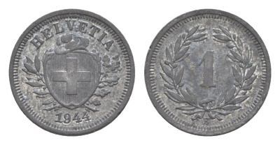 Швейцария 1 раппен 1944 B KM 3a цинк 4630-517
