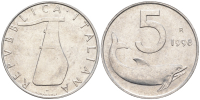 Италия 5 лир 1998 R, дельфин KM 92 алюминий  UNC  4594-1025