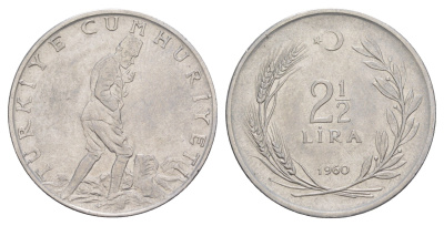 Турция 2 1/2 лиры 1960 KM 893.1 нержавеющая сталь 4645-511