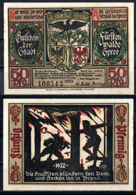 Фюрстенвальде (Пруссия, Бранденбург) 50 пфеннигов 1921 Mehl Grabowski 403.1a-9/15 бумага UNC (пресс) 7555-52-3-1