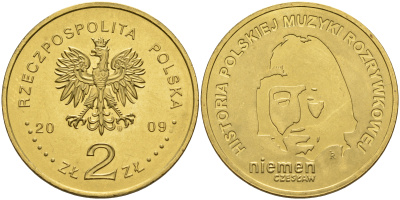 Польша 2 злотых 2009 MW, серия история польской музыки, Чеслав Немен KM 684 латунь    4161-121