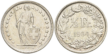 Швейцария 1/2 франка 1964 B KM 23 серебро 4608-522
