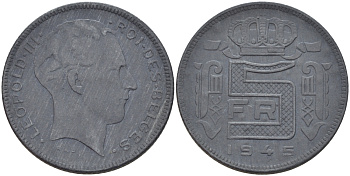 БЕЛЬГИЯ 5 ФРАНКОВ 1945 BELGES, ГЕРМАНСКАЯ ОККУПАЦИЯ, ВТОРАЯ МИРОВАЯ ВОЙНА KM 129.1 цинк 31-1245