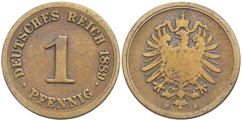 ГЕРМАНИЯ 1 ПФЕННИГ 1889 F, СТАРОГЕРБОВКА KM 1, Jager. 1, Weege 1 медь 4528-1111