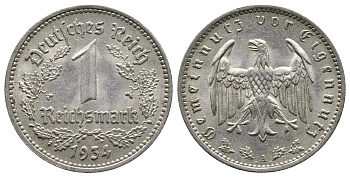 ГЕРМАНИЯ 1 РЕЙХСМАРКА 1934 А KM 78, J. 354 никель 4380-534