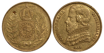 Бразилия 20000 рейс 1851 Педро II (1831-1889) KM 461 золото 10-009-08