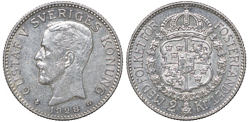 Швеция 2 кроны 1928 G, Густав V (1907-1950) KM 787 серебро 00-00