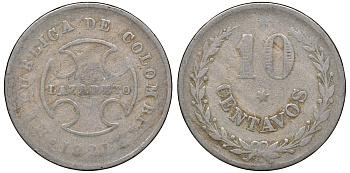 Колумбия 10 сентаво 1921 государственный лепрозорий KM L12 медно-никель 53-435