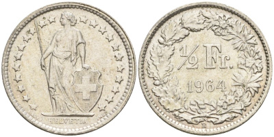 Швейцария 1/2 франка 1964 B KM 23 серебро 4608-522