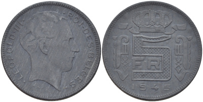 БЕЛЬГИЯ 5 ФРАНКОВ 1945 BELGES, ГЕРМАНСКАЯ ОККУПАЦИЯ, ВТОРАЯ МИРОВАЯ ВОЙНА KM 129.1 цинк 31-1245