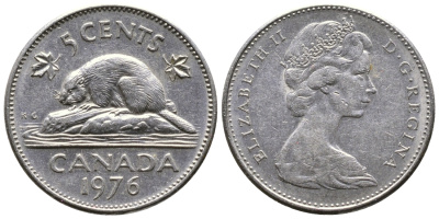 Канада 5 центов 1976 бобр, Елизавета II (1952-2022) KM 60.1 никель 4364-2433