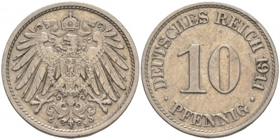 ГЕРМАНИЯ 10 ПФЕННИГОВ 1911 A KM 12, J. 13 медно-никель 73-1433