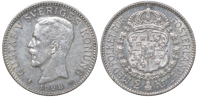 Швеция 2 кроны 1928 G, Густав V (1907-1950) KM 787 серебро 00-00
