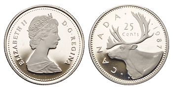 Канада 25 центов 1987 Елизавета II (1952-2022), олень KM 74 никель PROOF 413-4313
