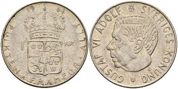 Швеция 1 крона 1964 U, Густав VI Адольф (1950-1973) KM 826 серебро 4150-141