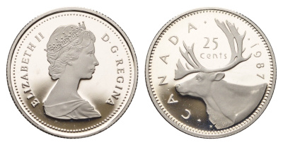 Канада 25 центов 1987 Елизавета II (1952-2022), олень KM 74 никель PROOF 413-4313